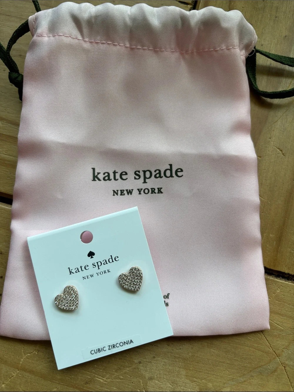 kate spade Pink Satin Pouch with Pave Heart Stud Earrings